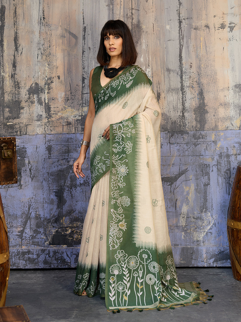 Cream & Olive Green Cotton Blend Saree for Traditional Events