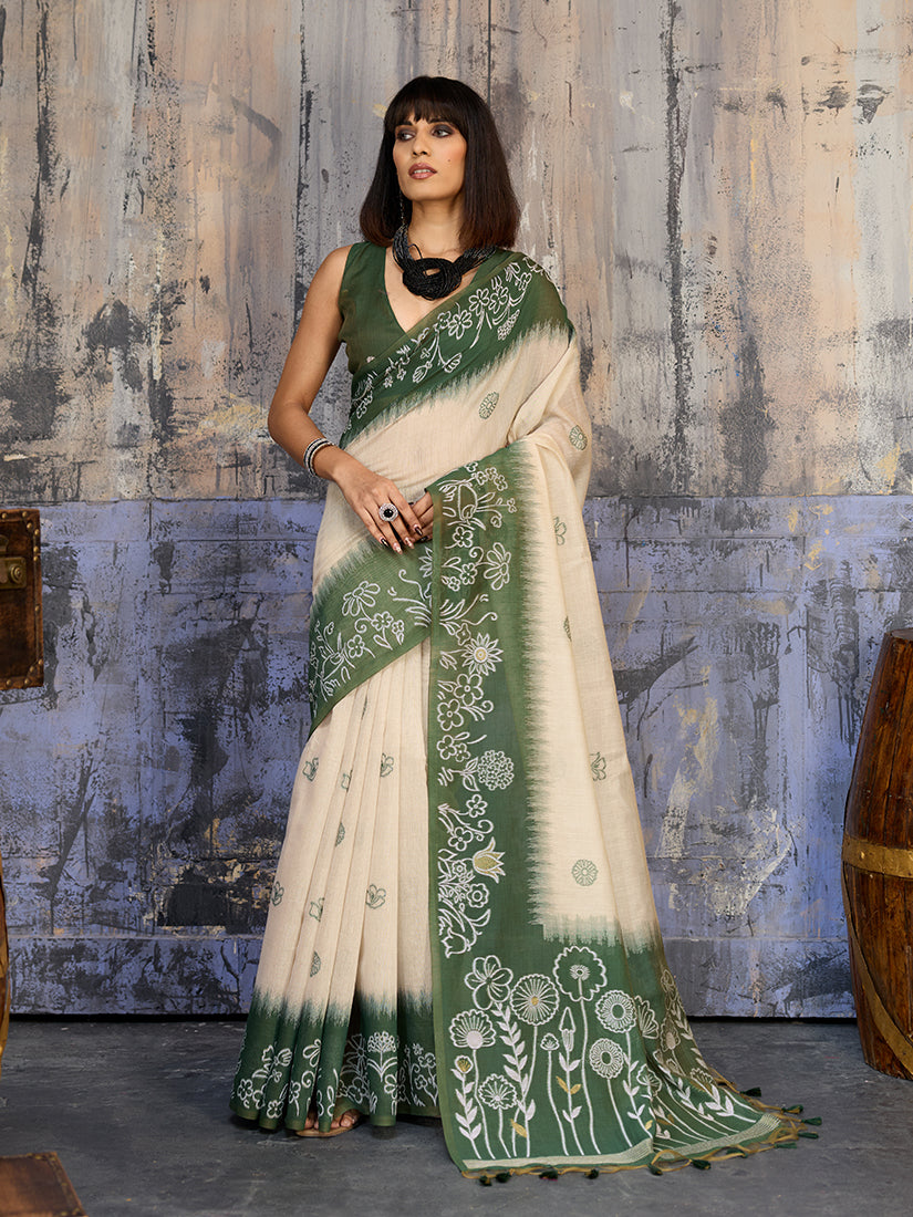 Cream and Olive Green cotton blend saree with a soft drape and elegant color palette