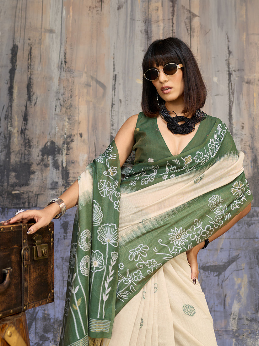 Cream & Olive Green Cotton Blend Saree for Traditional Events
