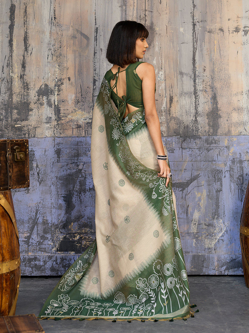 Cream & Olive Green Cotton Blend Saree for Traditional Events