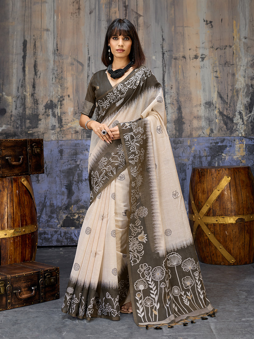 Cream and black cotton blend saree with a clean and classic design.