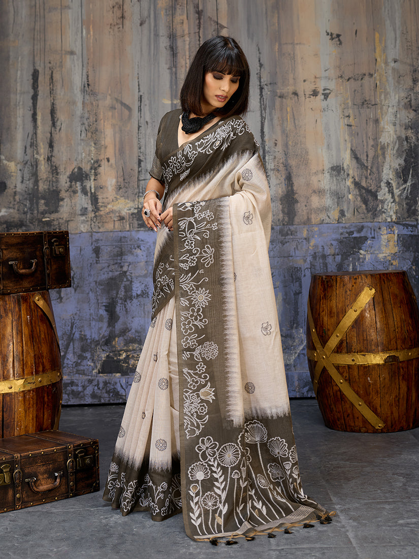 Cream and Black Cotton Blend Classic Saree