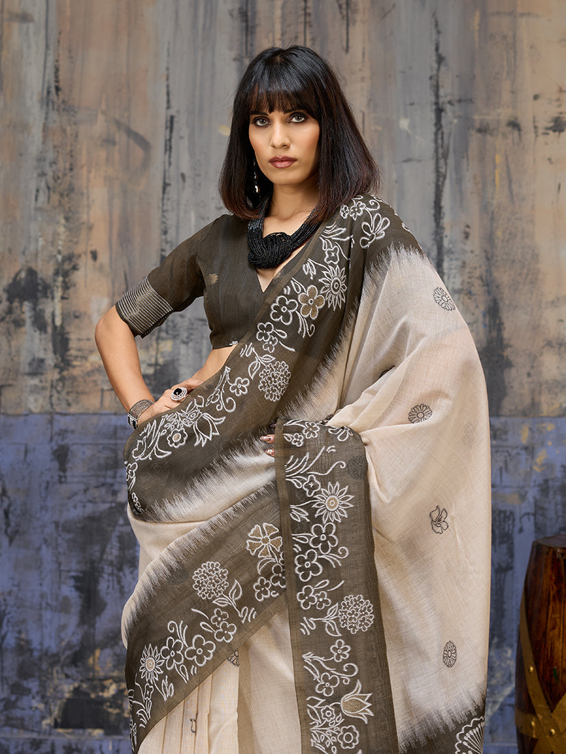 Cream and Black Cotton Blend Classic Saree
