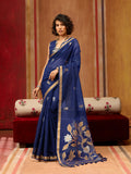 Navy blue silk blend saree with traditional woven work detailing