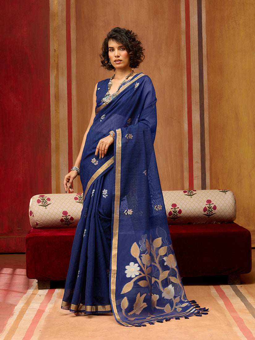 Navy blue silk blend saree with traditional woven work detailing
