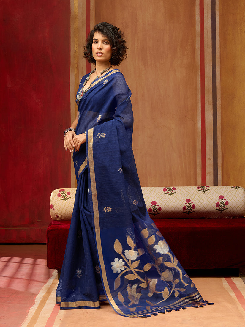Navy Blue Silk Blend Woven Work Saree for Women