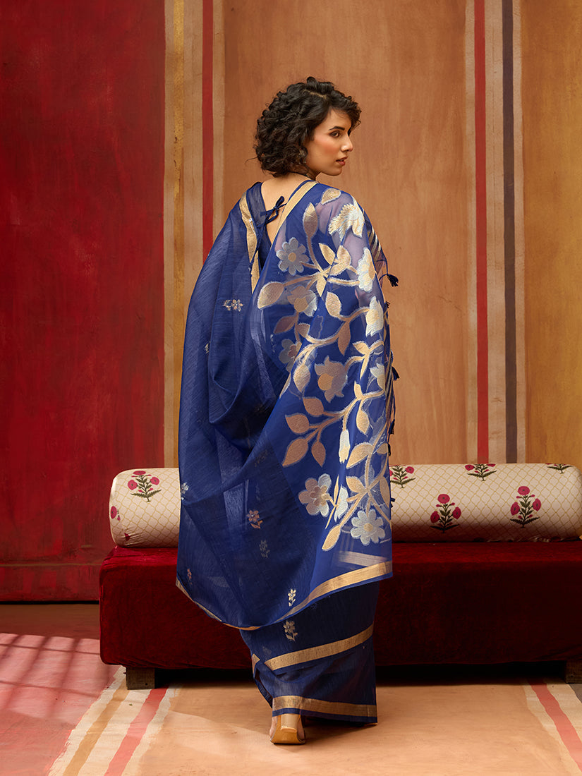 Navy Blue Silk Blend Woven Work Saree for Women