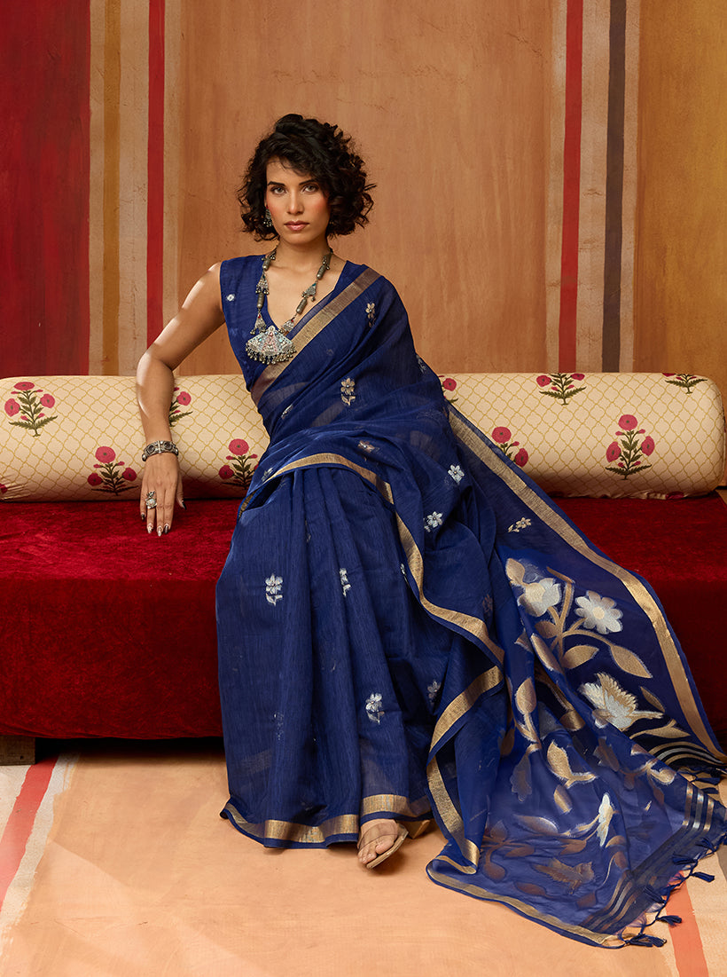 Navy Blue Silk Blend Woven Work Saree for Women