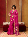 Beautiful rani pink silk blend saree with sophisticated woven patterns