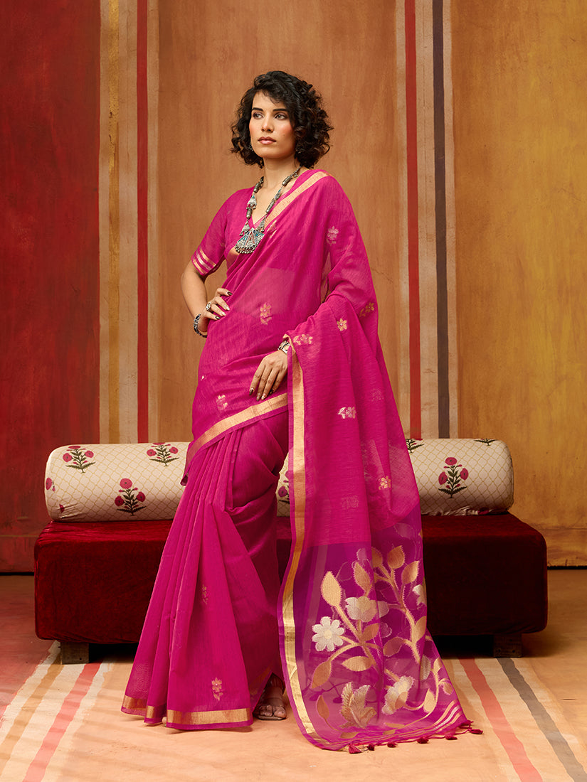 Rani Pink Silk Blend Woven Saree for Festive Celebrations