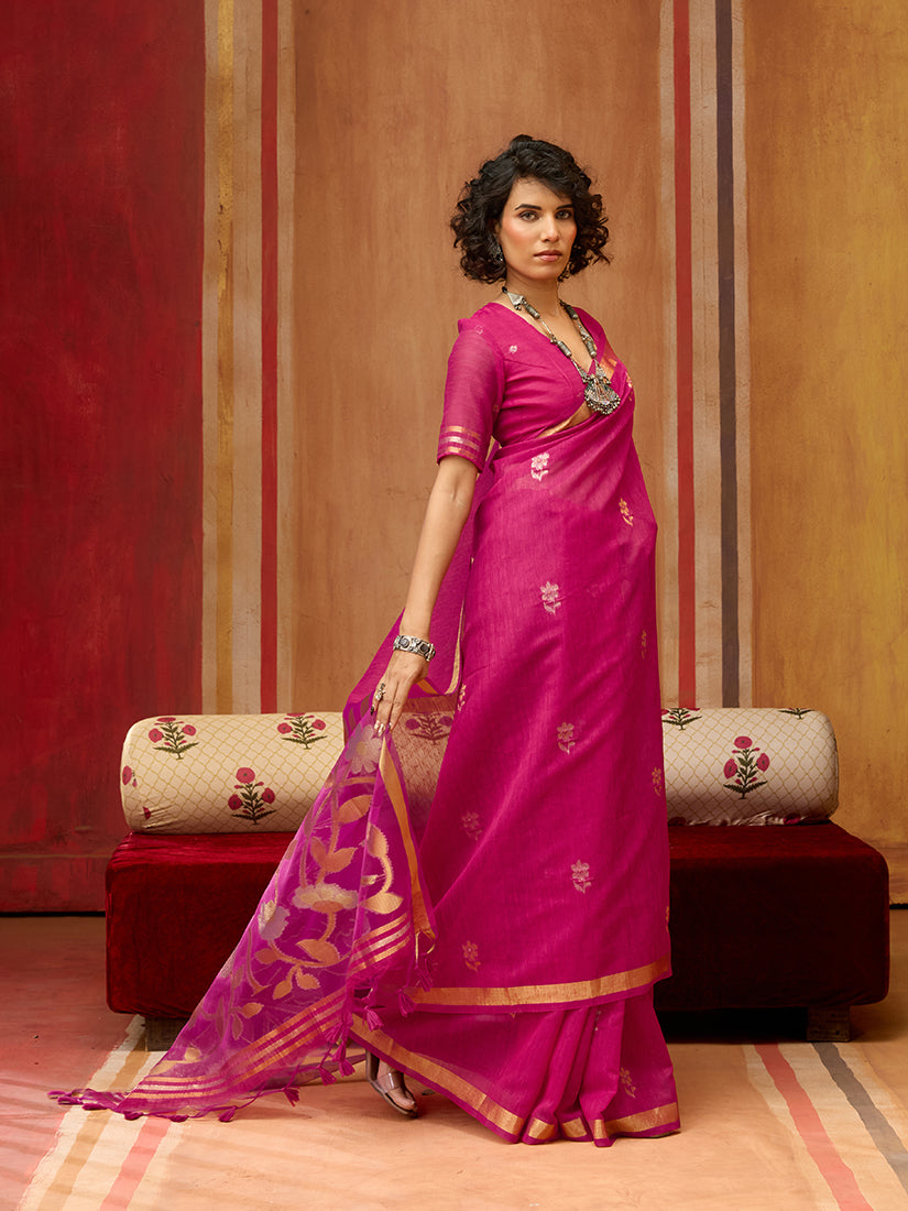 Rani Pink Silk Blend Woven Saree for Festive Celebrations