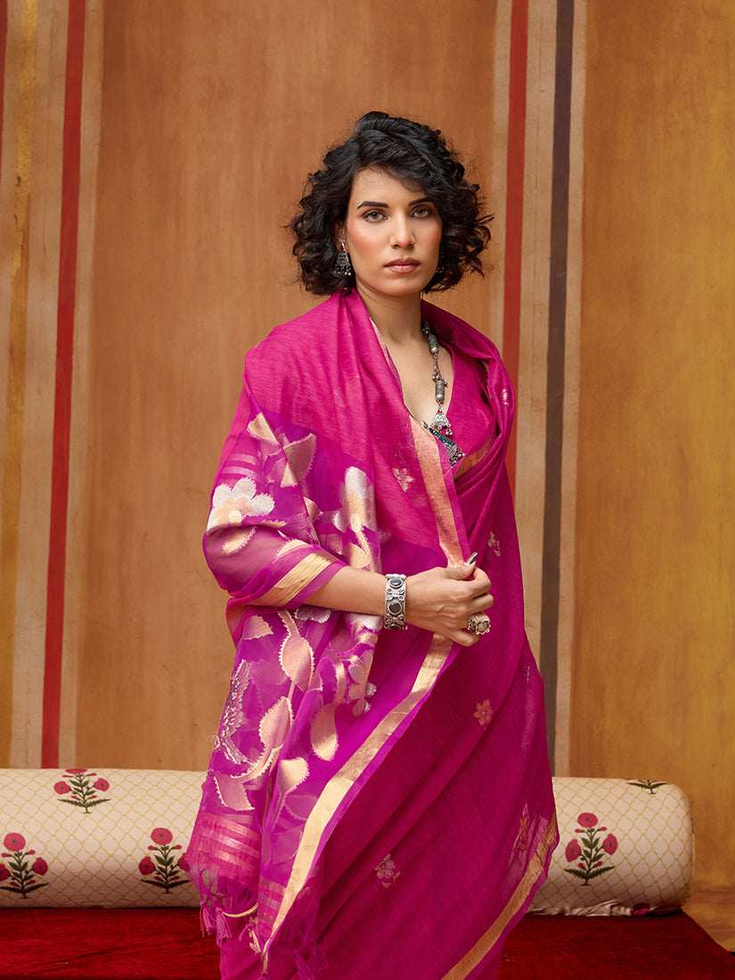 Rani Pink Silk Blend Woven Saree for Festive Celebrations