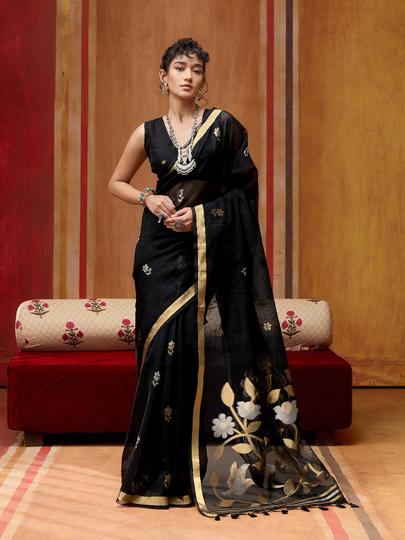 Sophisticated black silk blend saree with traditional woven work