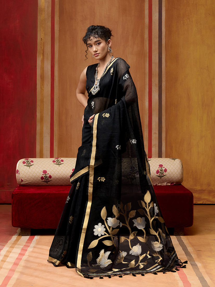 Black Silk Blend Woven Saree for Elegant Ethnic Wear