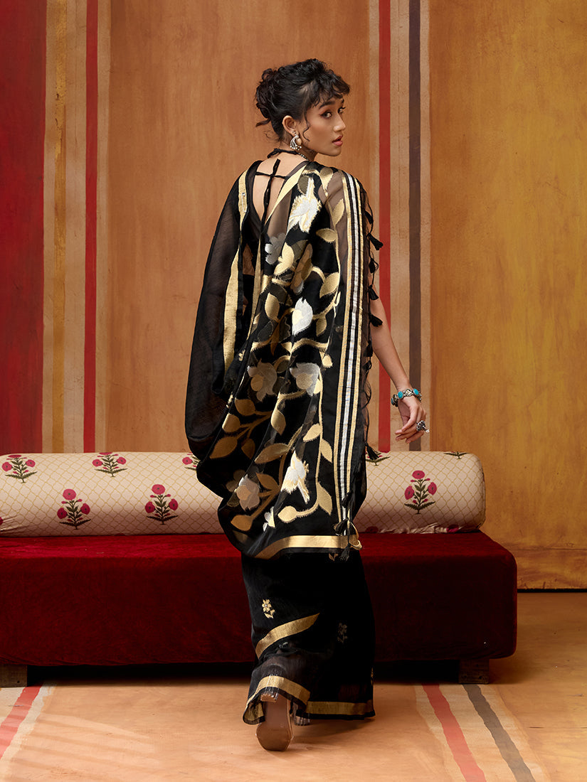 Black Silk Blend Woven Saree for Elegant Ethnic Wear