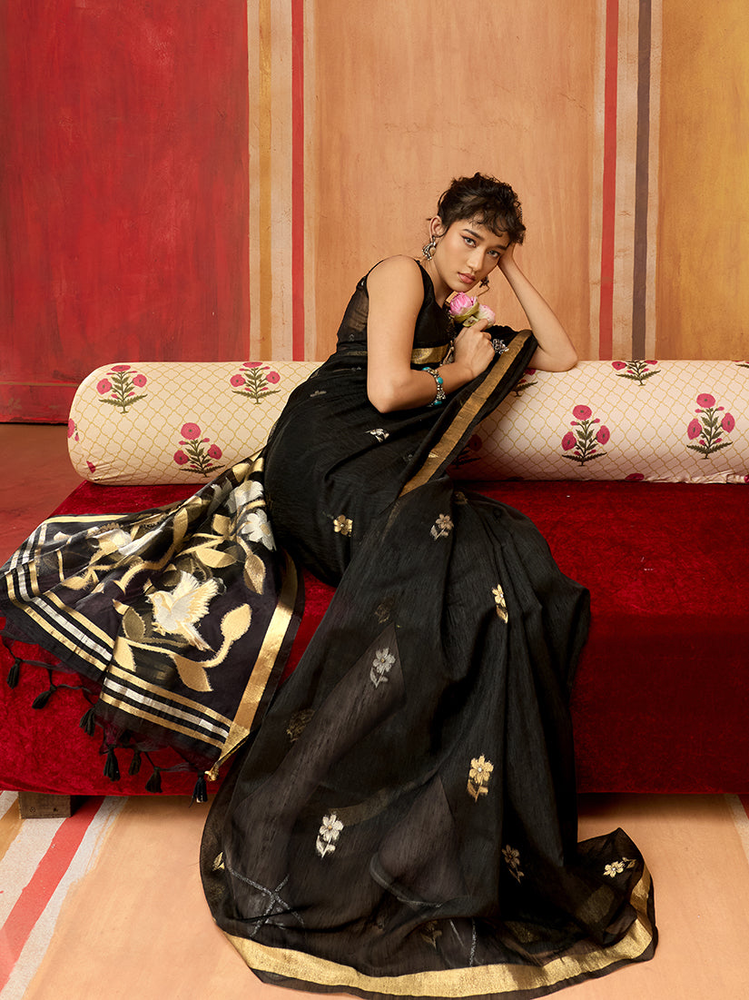 Black Silk Blend Woven Saree for Elegant Ethnic Wear