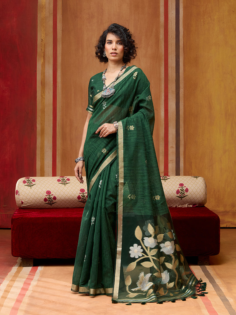Elegant dark green silk blend saree with intricate woven traditional patterns