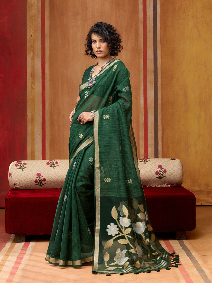 Dark Green Silk Blend Woven Saree with Traditional Work