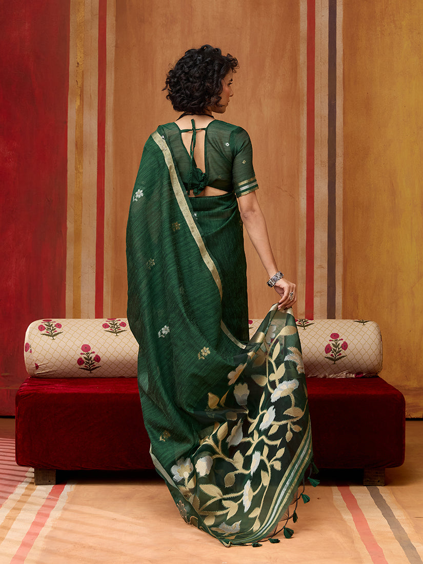 Dark Green Silk Blend Woven Saree with Traditional Work