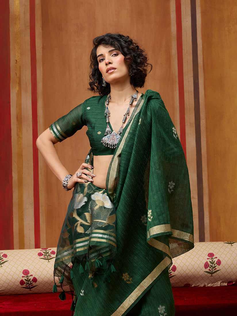 Dark Green Silk Blend Woven Saree with Traditional Work