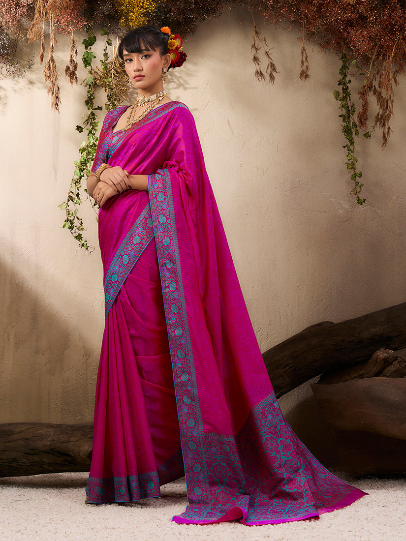 Rani Pink Woven Kanjivaram Silk Blend Saree
