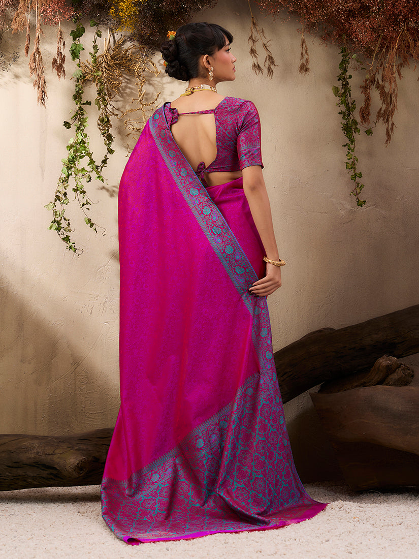 Rani Pink Woven Kanjivaram Silk Blend Saree