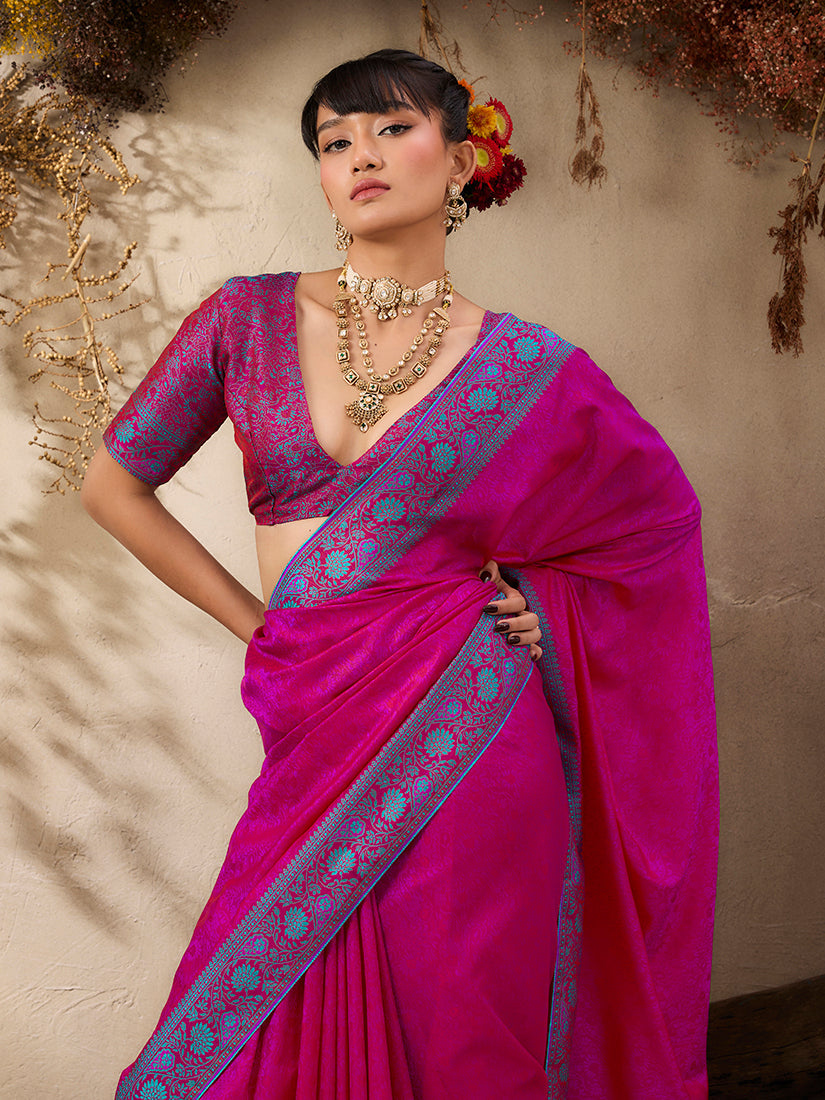 Rani Pink Woven Kanjivaram Silk Blend Saree