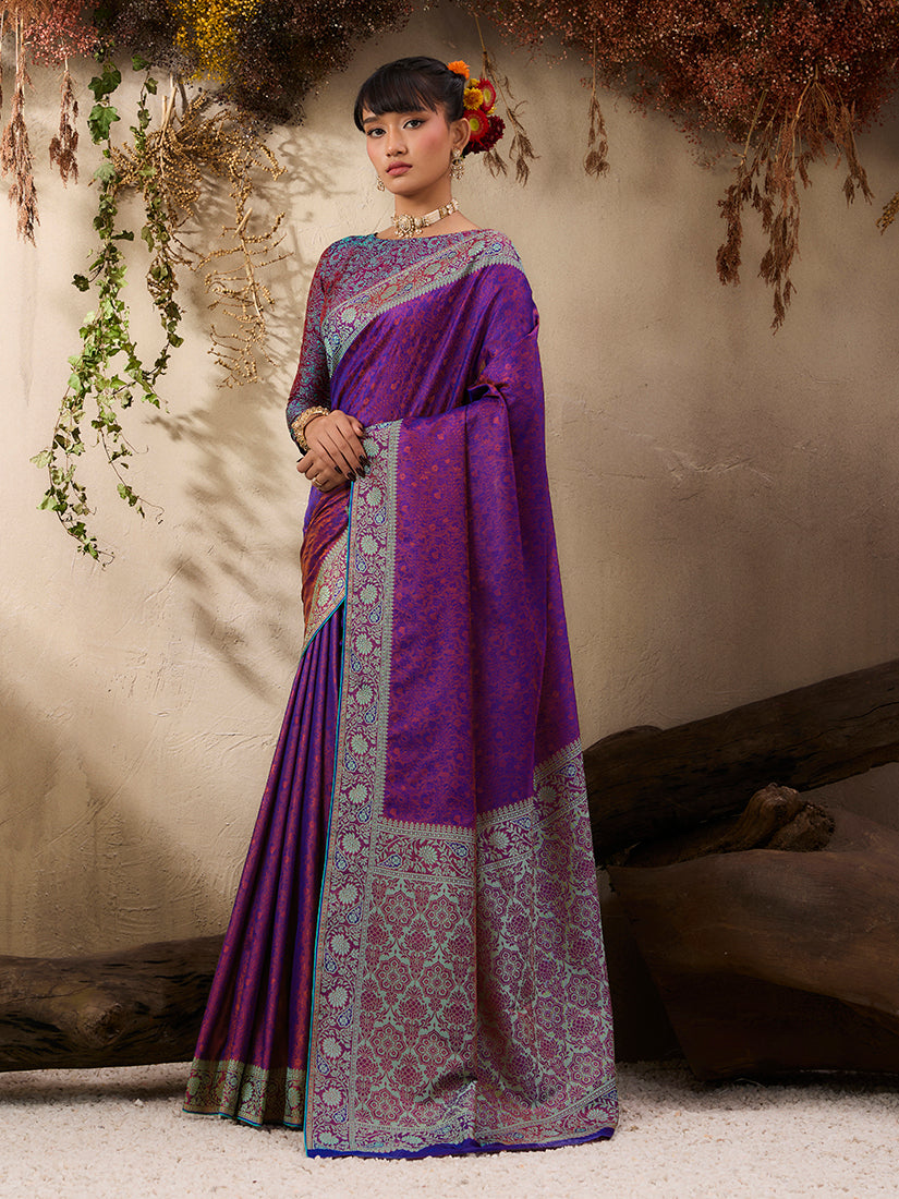 Purple Woven Kanjivaram Silk Blend Saree with Unstitched Blouse