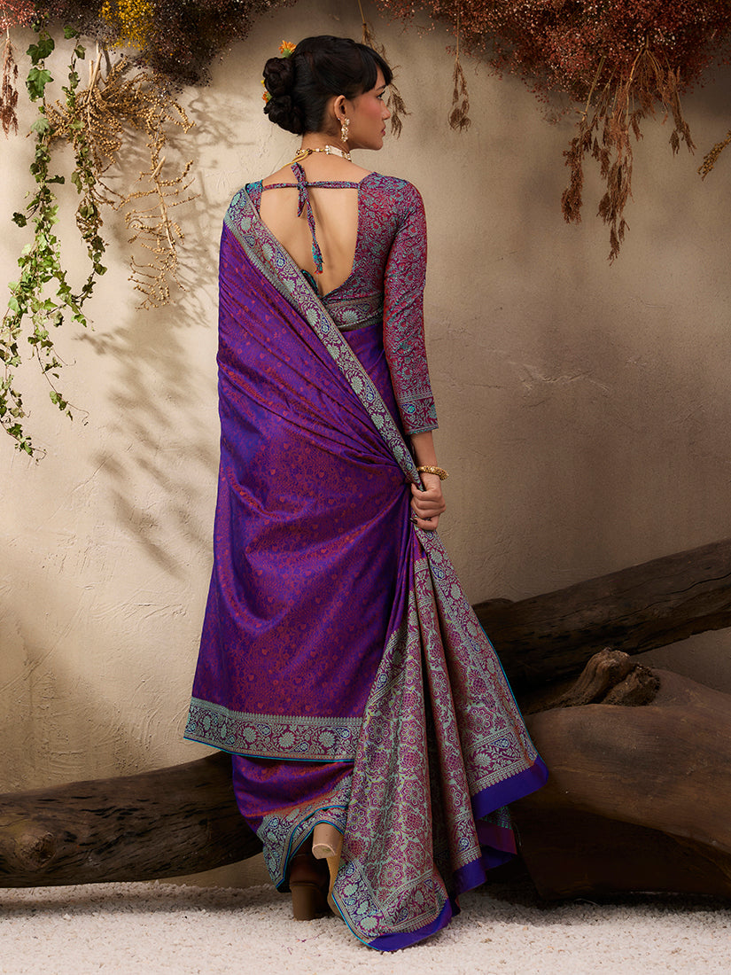 Purple Woven Kanjivaram Silk Blend Saree with Unstitched Blouse