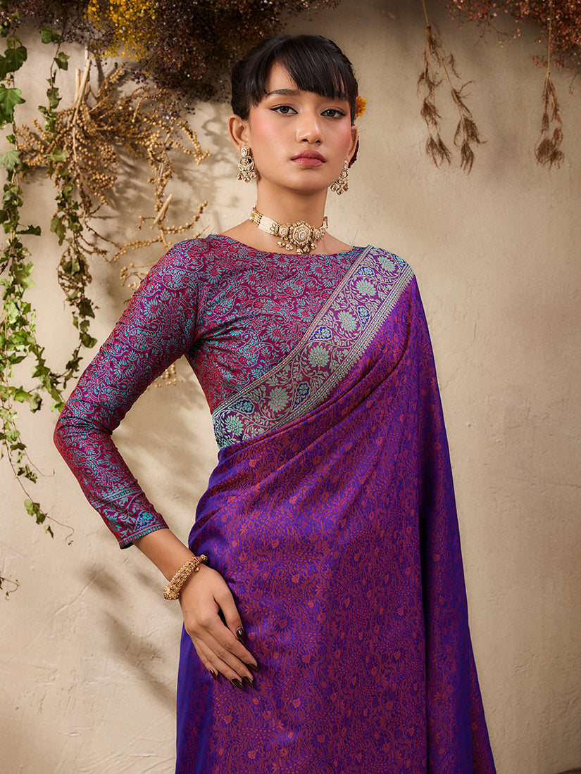 Purple Woven Kanjivaram Silk Blend Saree with Unstitched Blouse