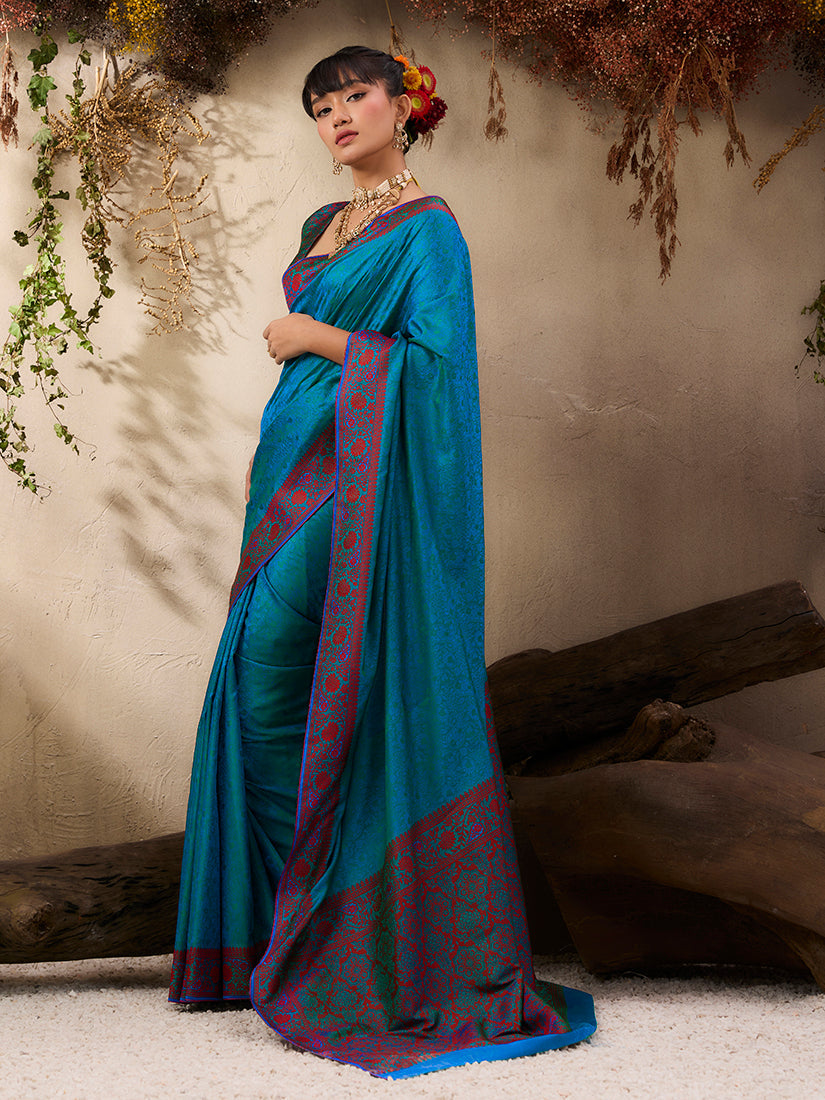 Teal Blue Kanjivaram Silk Blend Woven Saree