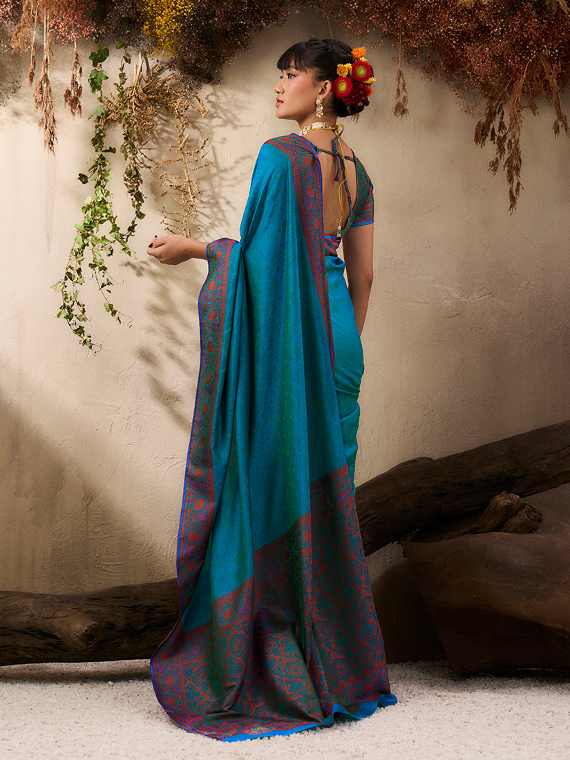 Teal Blue Kanjivaram Silk Blend Woven Saree