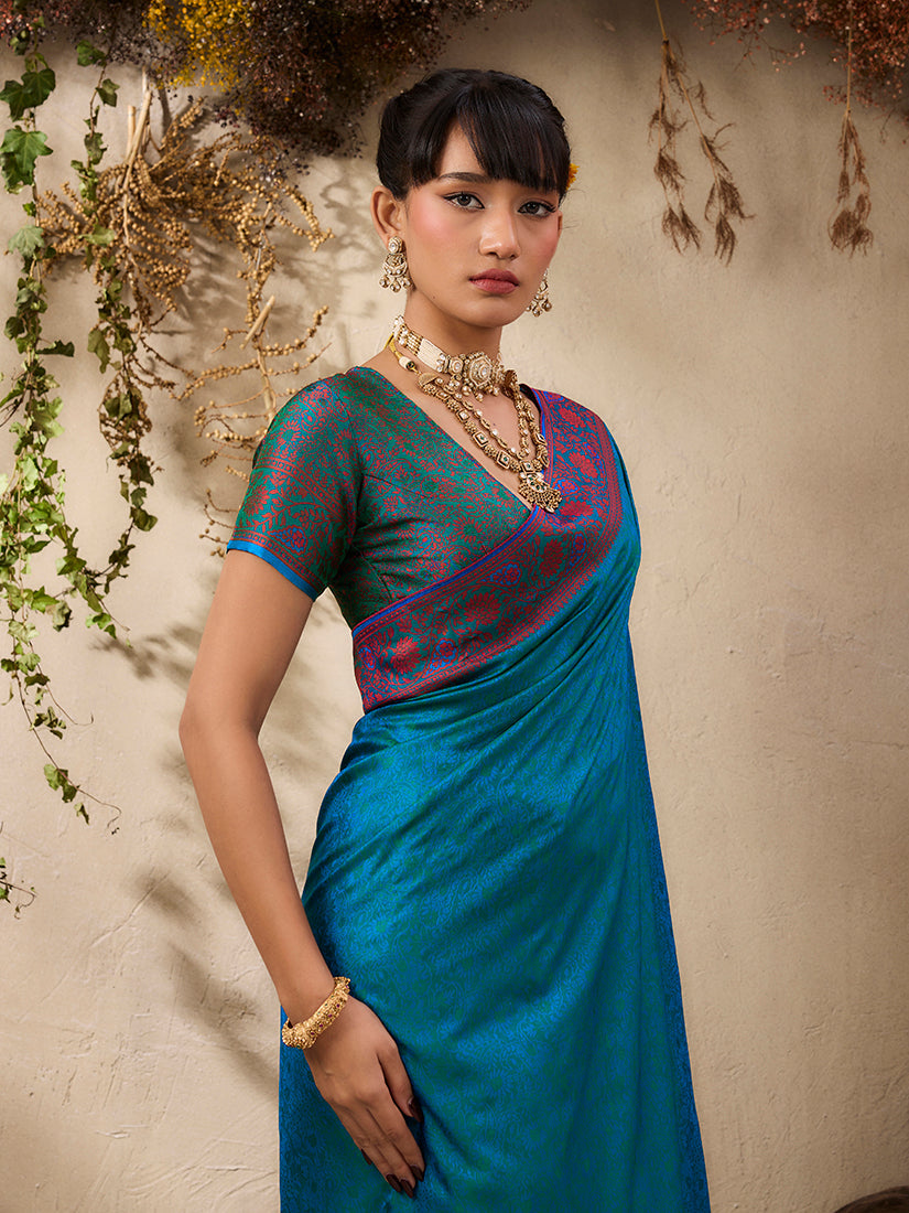 Teal Blue Kanjivaram Silk Blend Woven Saree