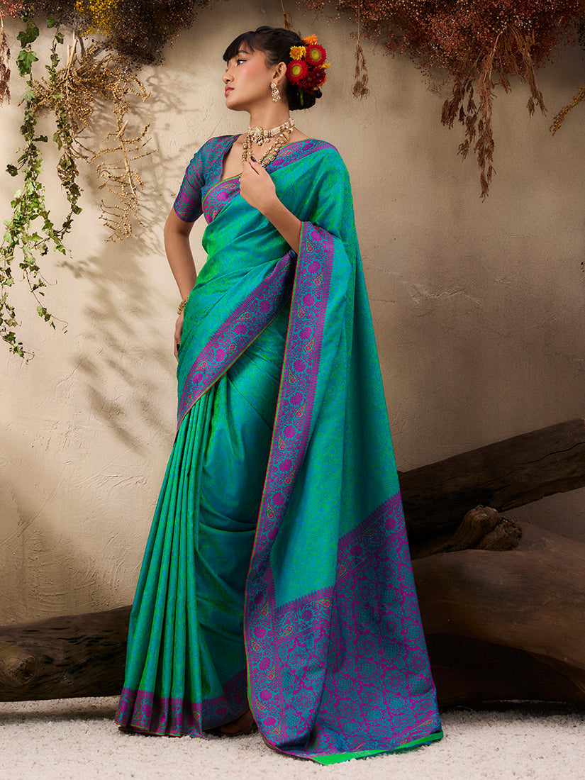 Turquoise Kanjivaram Silk Blend Woven Saree