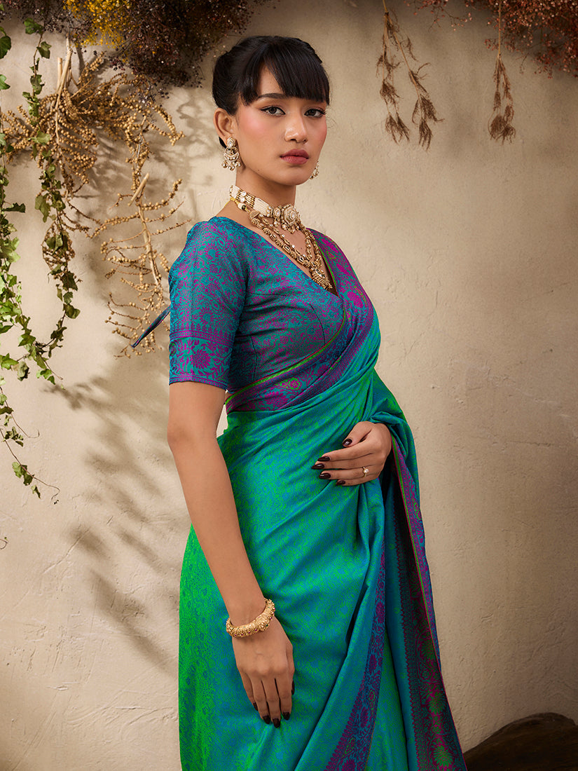 Turquoise Kanjivaram Silk Blend Woven Saree