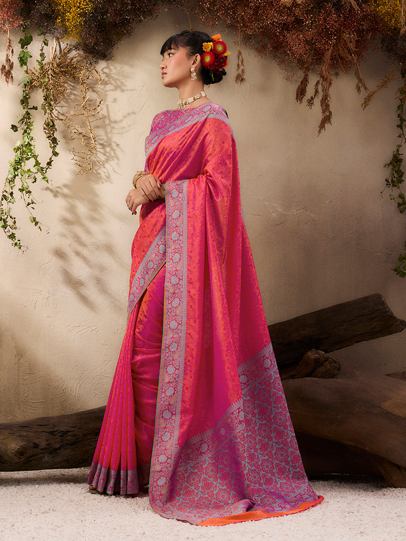 Salmon Kanjivaram Silk Blend Woven Saree with Unstitched Blouse