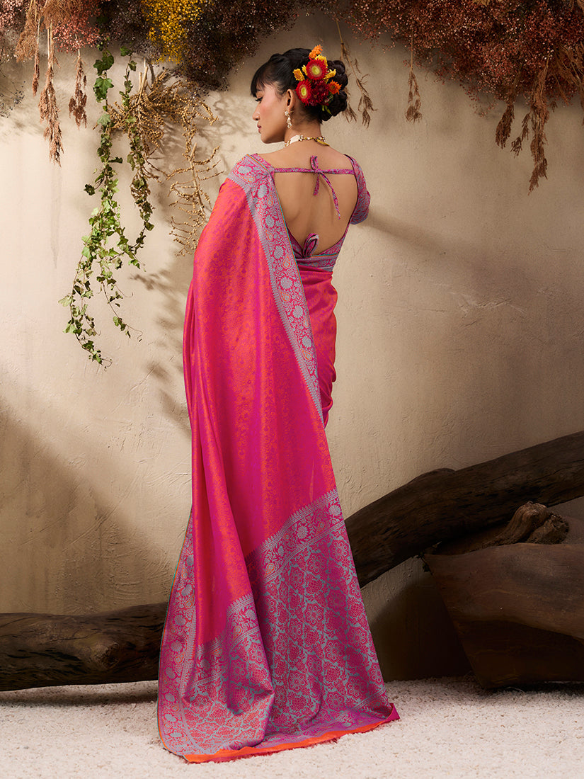 Salmon Kanjivaram Silk Blend Woven Saree with Unstitched Blouse
