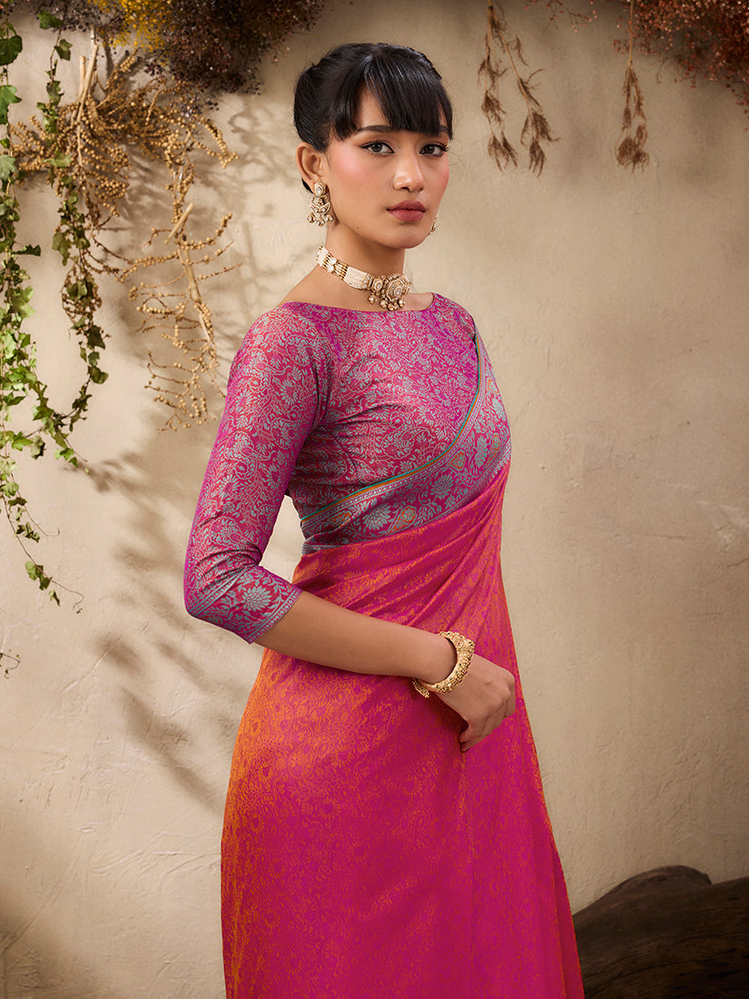 Salmon Kanjivaram Silk Blend Woven Saree with Unstitched Blouse