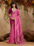 Pink Tussar silk blend saree with intricate woven patterns and unstitched blouse piece