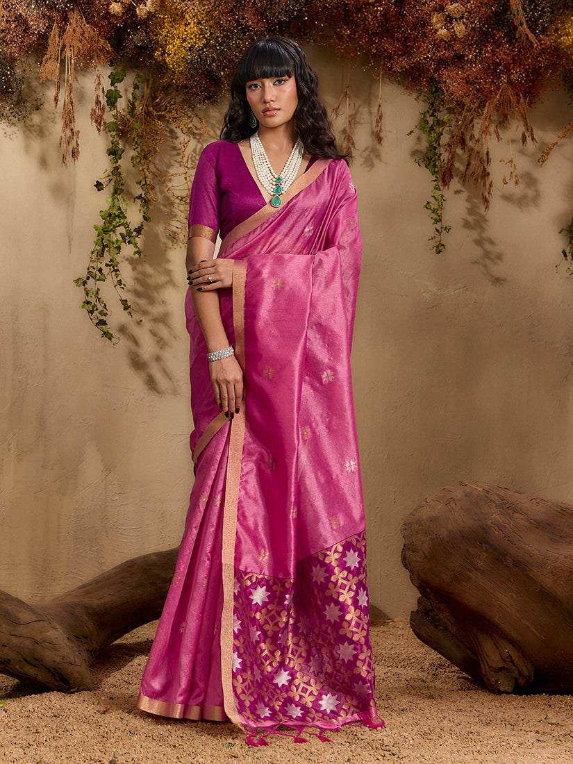 Pink Tussar Silk Blend Woven Saree with Unstitched Blouse Piece