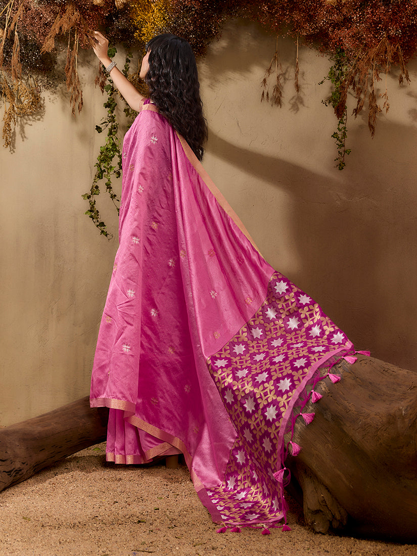 Pink Tussar Silk Blend Woven Saree with Unstitched Blouse Piece
