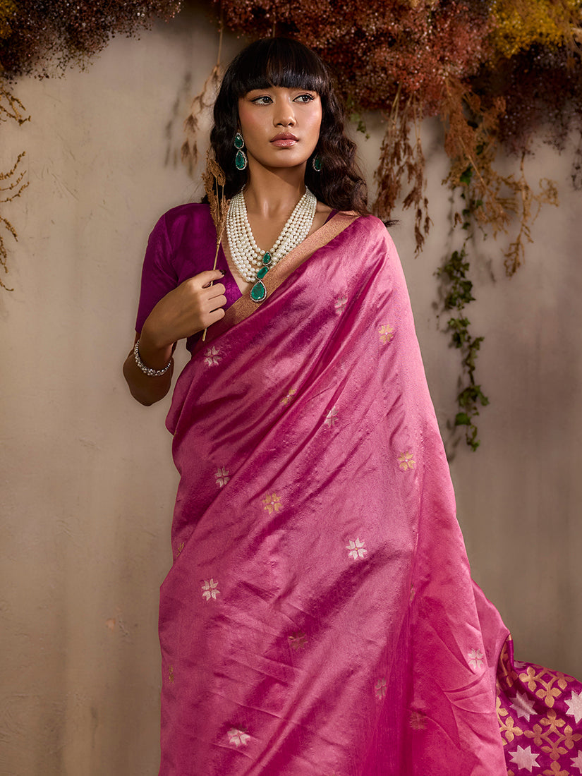 Pink Tussar Silk Blend Woven Saree with Unstitched Blouse Piece