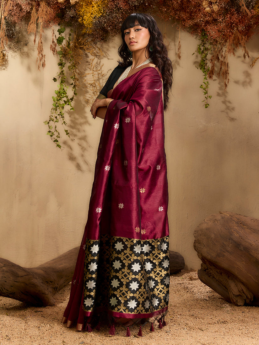 Maroon Tussar Silk Blend Saree with Woven Work