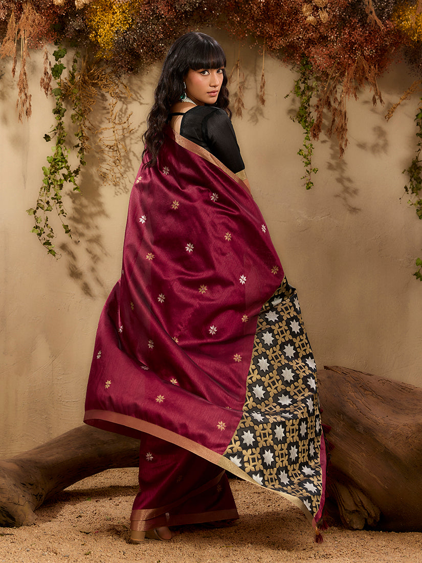 Maroon Tussar Silk Blend Saree with Woven Work