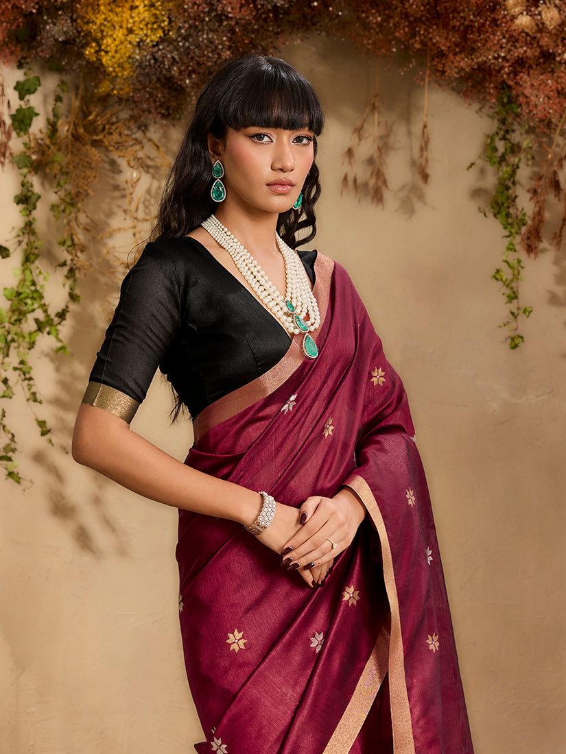 Maroon Tussar Silk Blend Saree with Woven Work