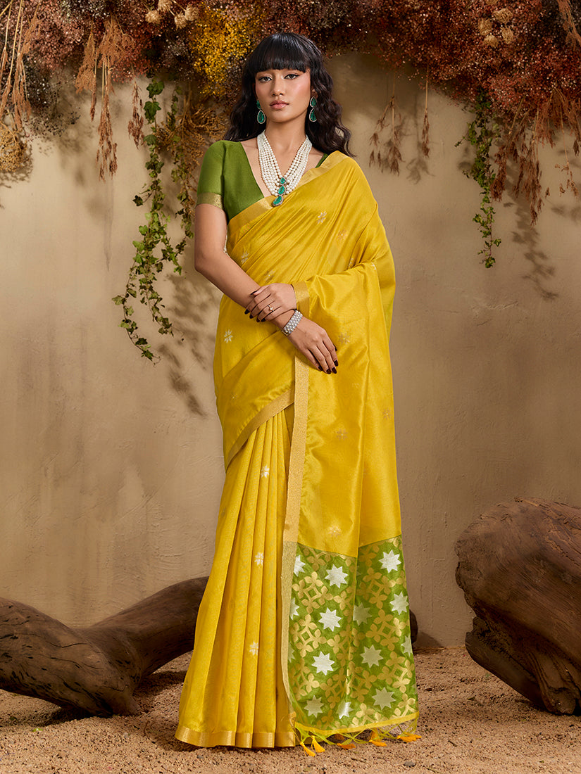 Mustard Tussar Silk Blend Woven Work Saree with Unstitched Blouse