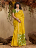 Mustard Tussar Silk Blend Woven Work Saree with Unstitched Blouse