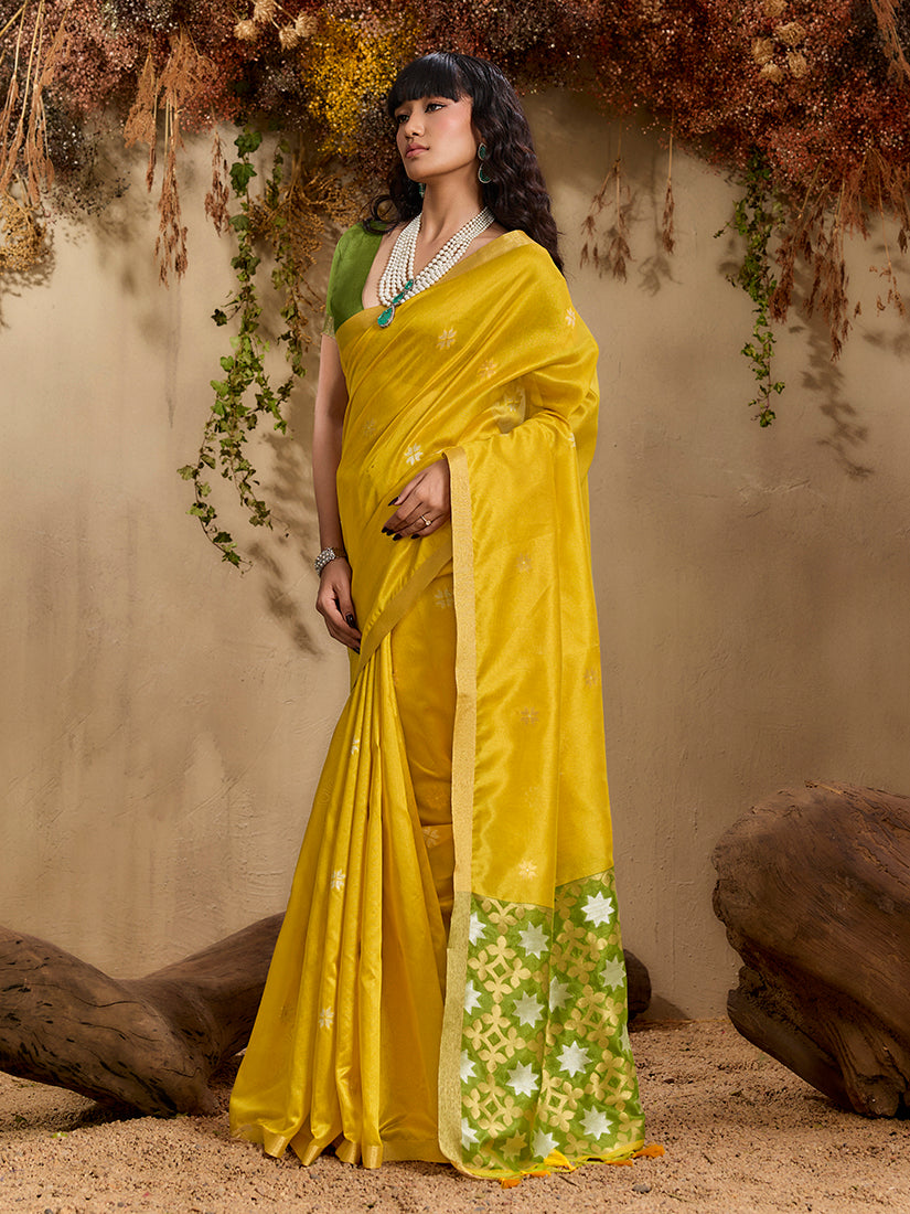 Mustard Tussar Silk Blend Woven Work Saree with Unstitched Blouse