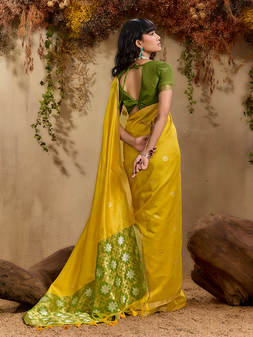 Mustard Tussar Silk Blend Woven Work Saree with Unstitched Blouse