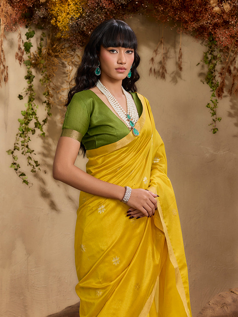 Mustard Tussar Silk Blend Woven Work Saree with Unstitched Blouse